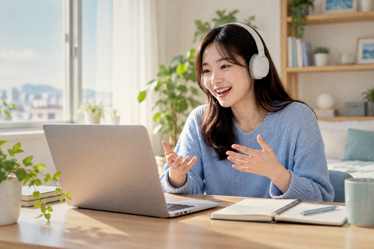 밝은 공간에서 노트북과 노트를 두고 영어 말하기를 연습하는 학습자